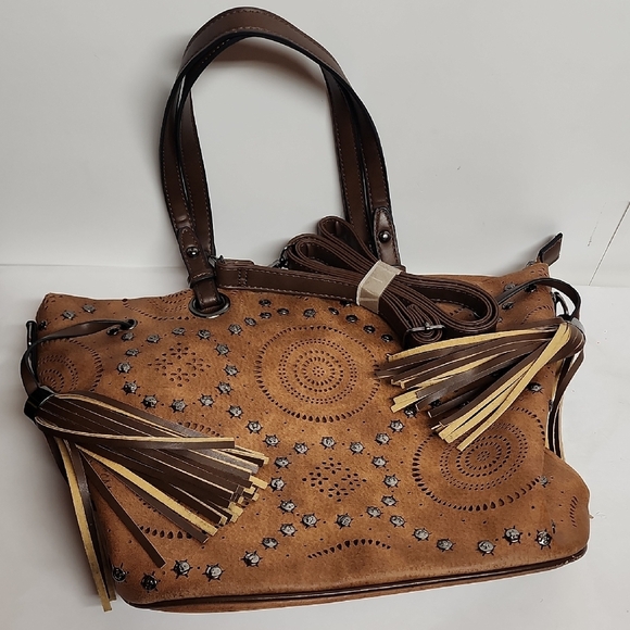 Sam & Hadley Handbags - Sam & Hadley Large Studded Cognac & Brown 100% PVC Handbag with Tassel Accents